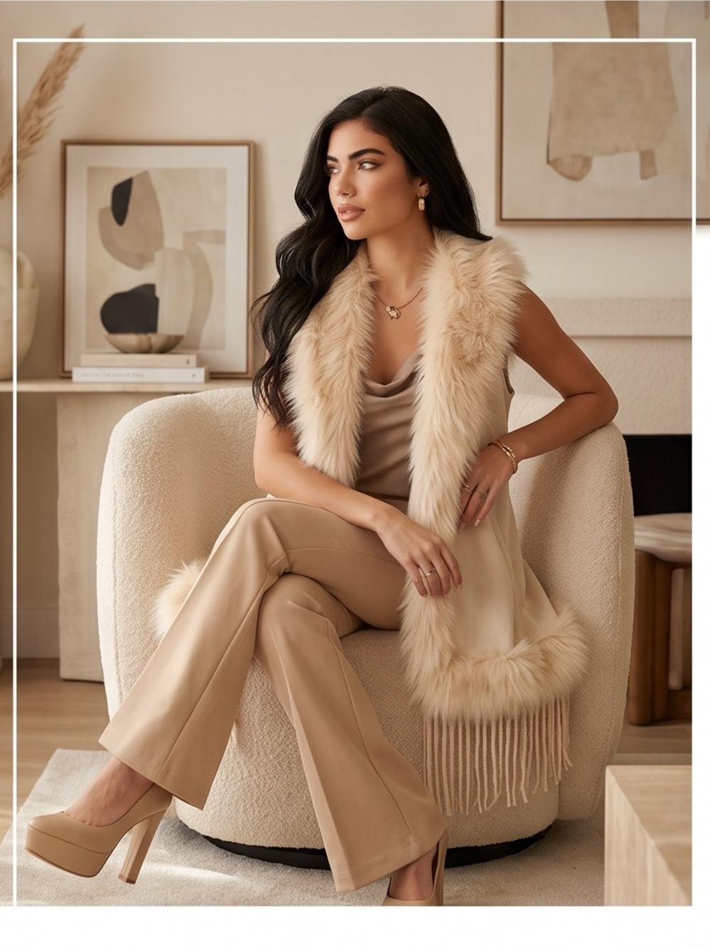 NORTHERN ANGEL Boho Beige Hooded Knit Faux Fur Trim Fringe Cape Vest SMALL LARGE